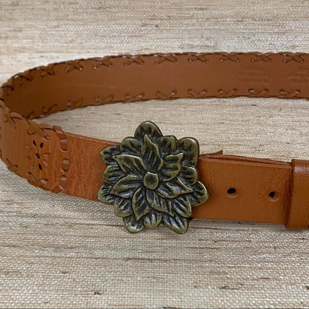 Brass Zinia Hand Tooled Carmel Leather Belt - XL